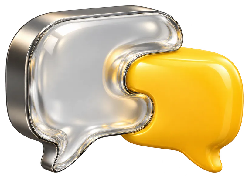 Two interlocking conversation bubbles in glass and yellow