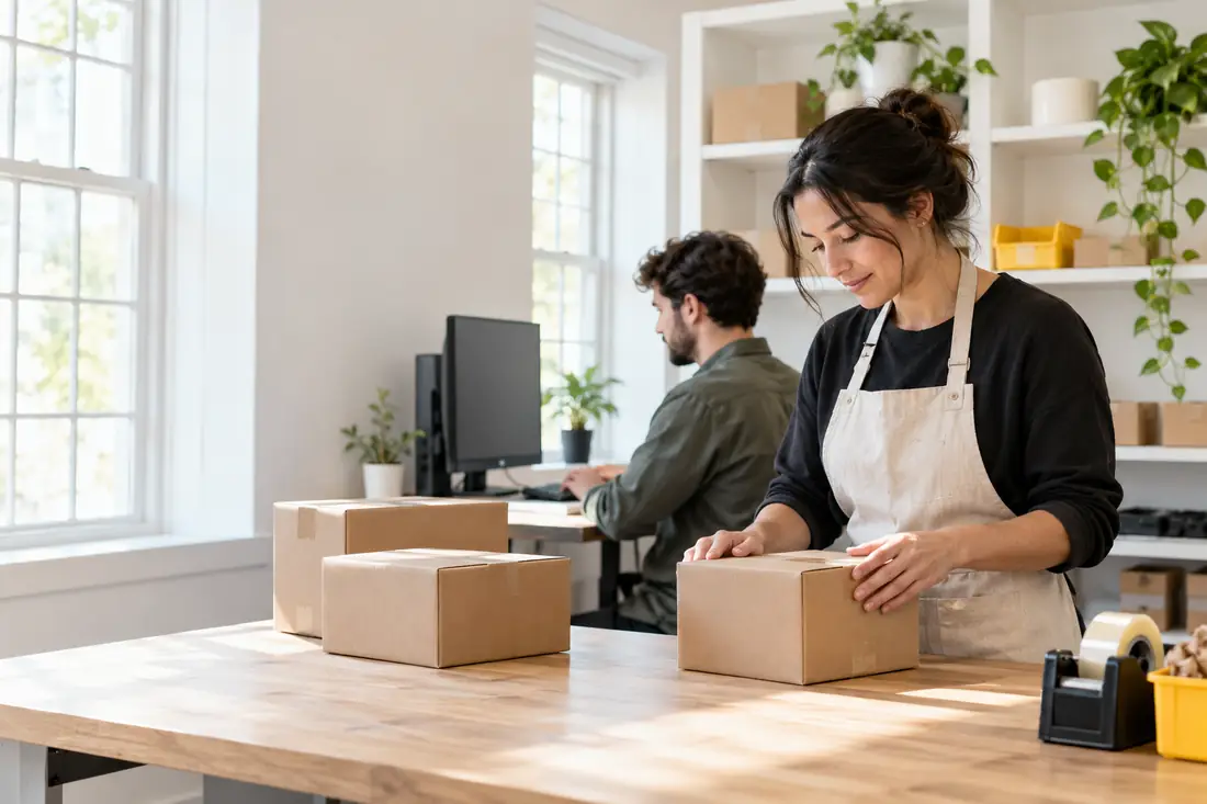 Team member packing customer orders in a bright studio