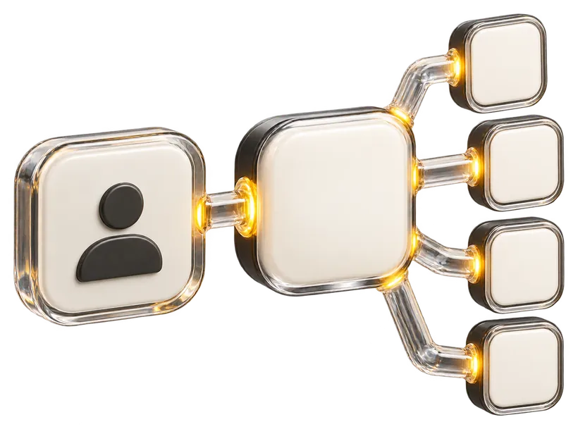 Contact tile connected to a hub that branches into four applications